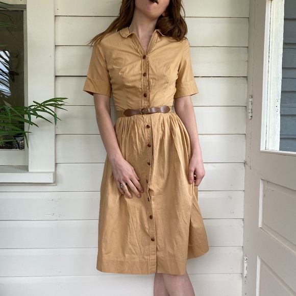 tan button down dress
